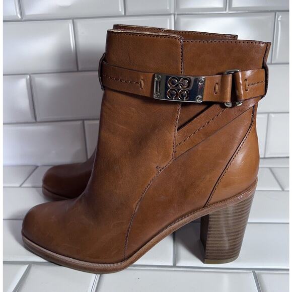 Coach Kasandra Chestnut Brown Leather Block High Heel Ankle Boots A7094 Size 8B - Picture 1 of 8